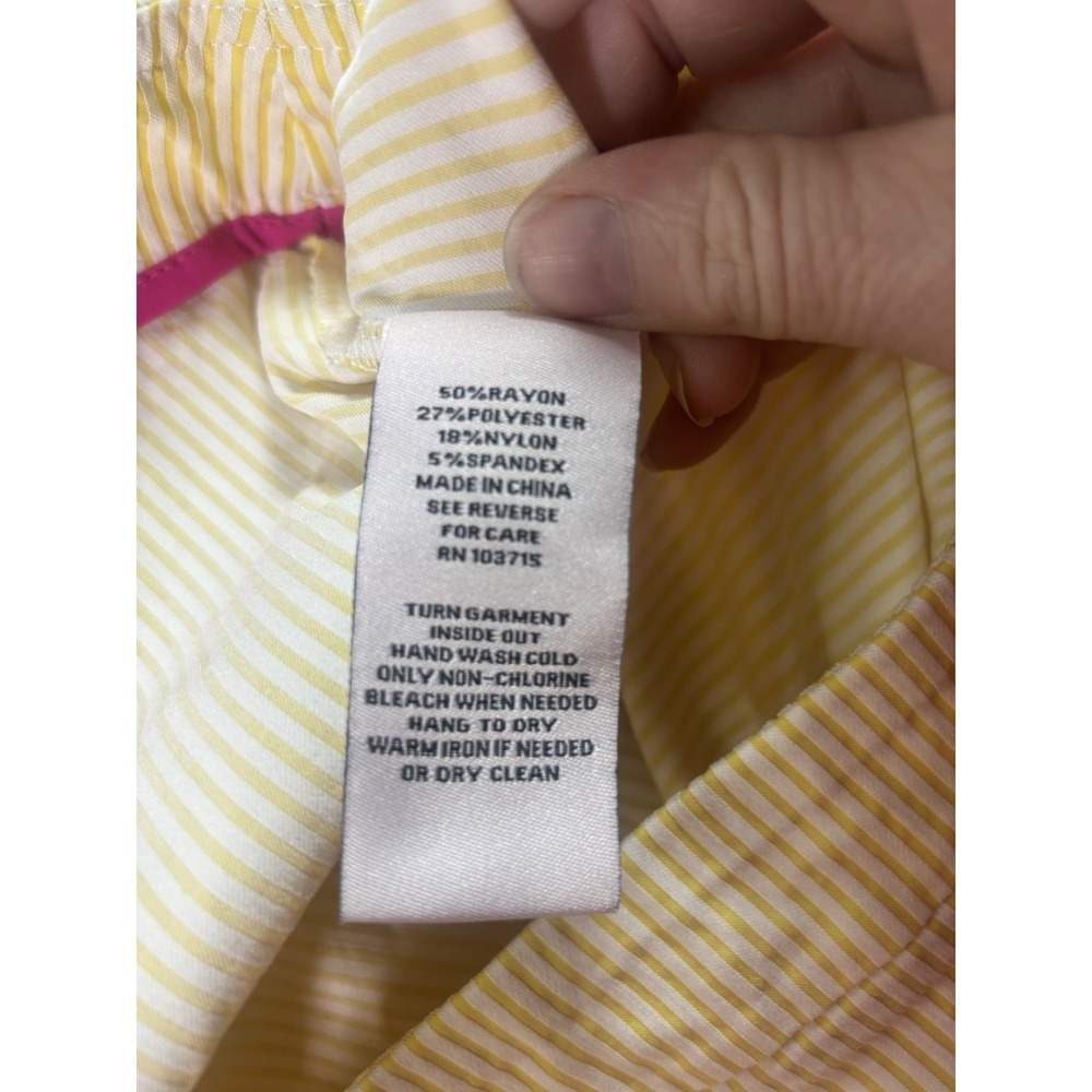 Nanette Lepore Tapered Pants L (34x22) Yellow Seersucker Stretch Pull On Preppy - Picture 3 of 8